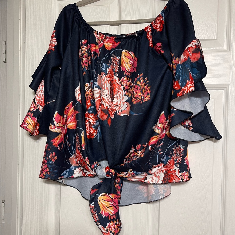 Amazon Floral Ruffle Blouse - Navy and Red